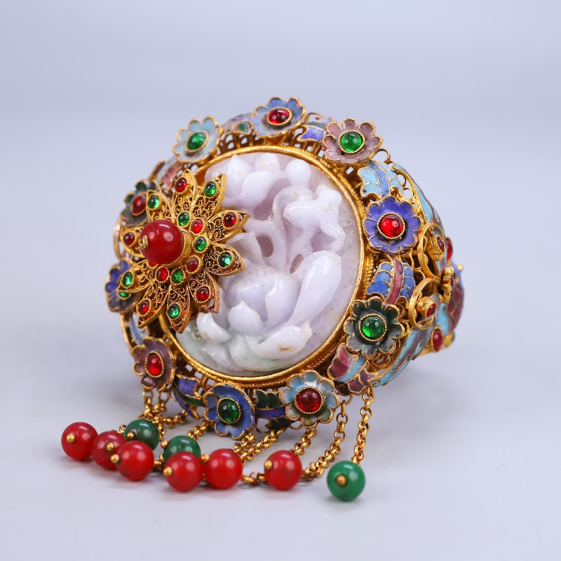 Excellent Chinese Gold Wires Enamel Inlay Gem & Jadeite Lotus Bracelet - 9