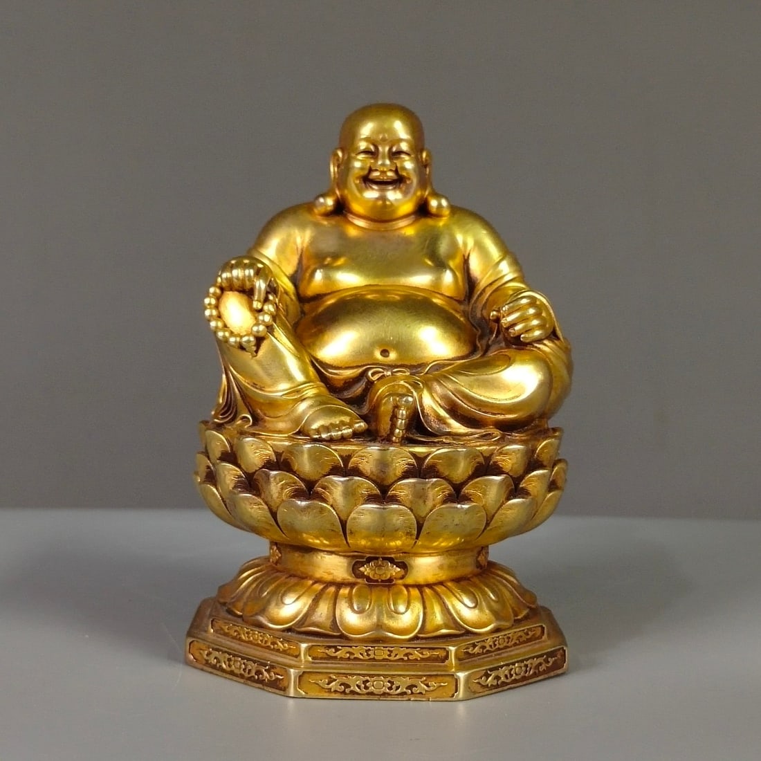 Old Chinese Gilt Gold Copper Laughing Buddha Statue (1 of 9)