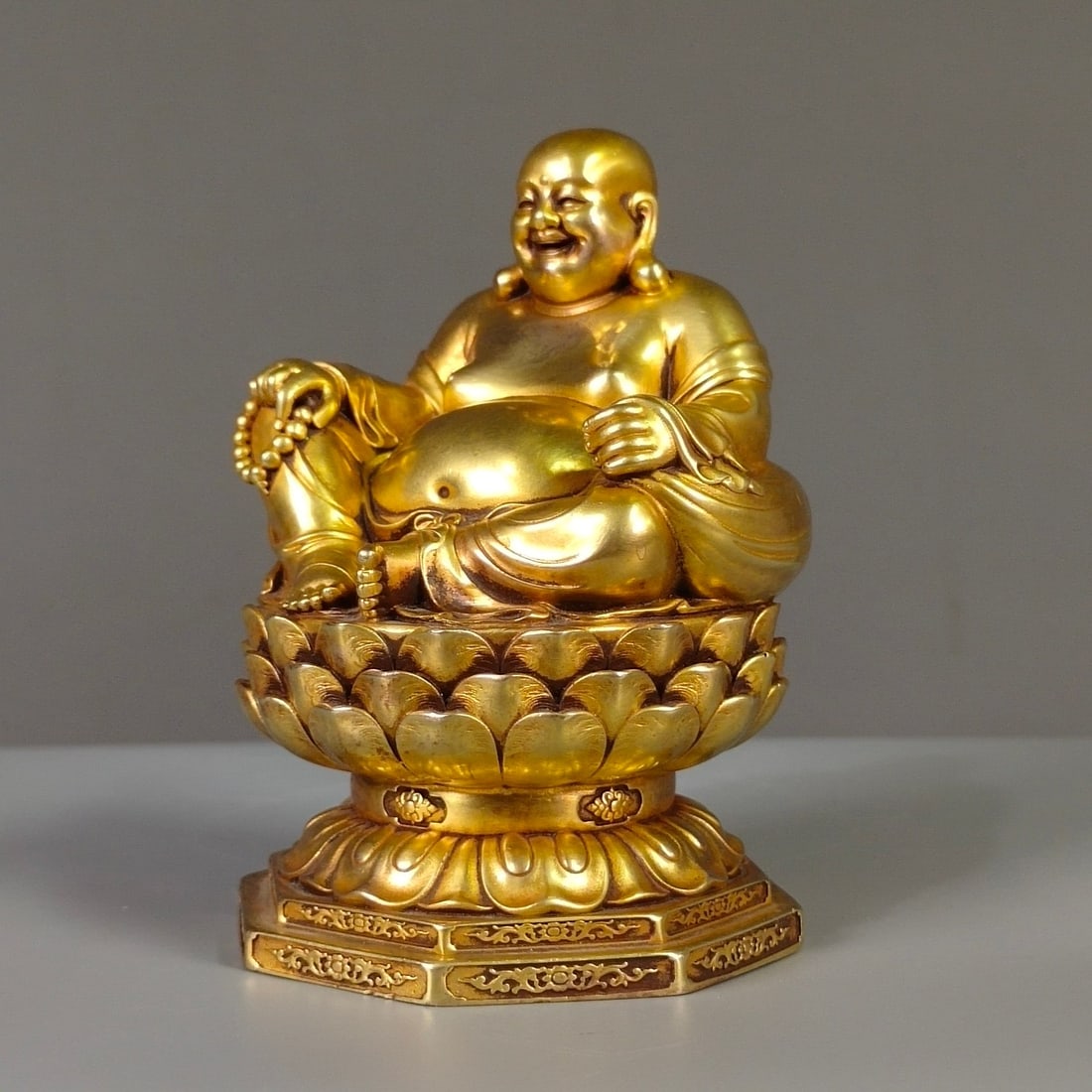 Old Chinese Gilt Gold Copper Laughing Buddha Statue - 2