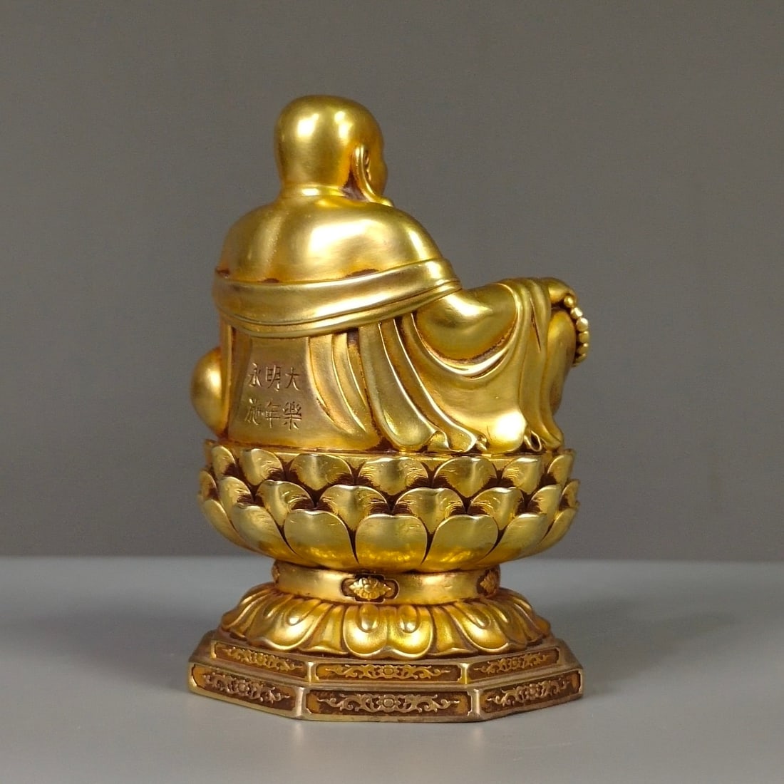 Old Chinese Gilt Gold Copper Laughing Buddha Statue - 6