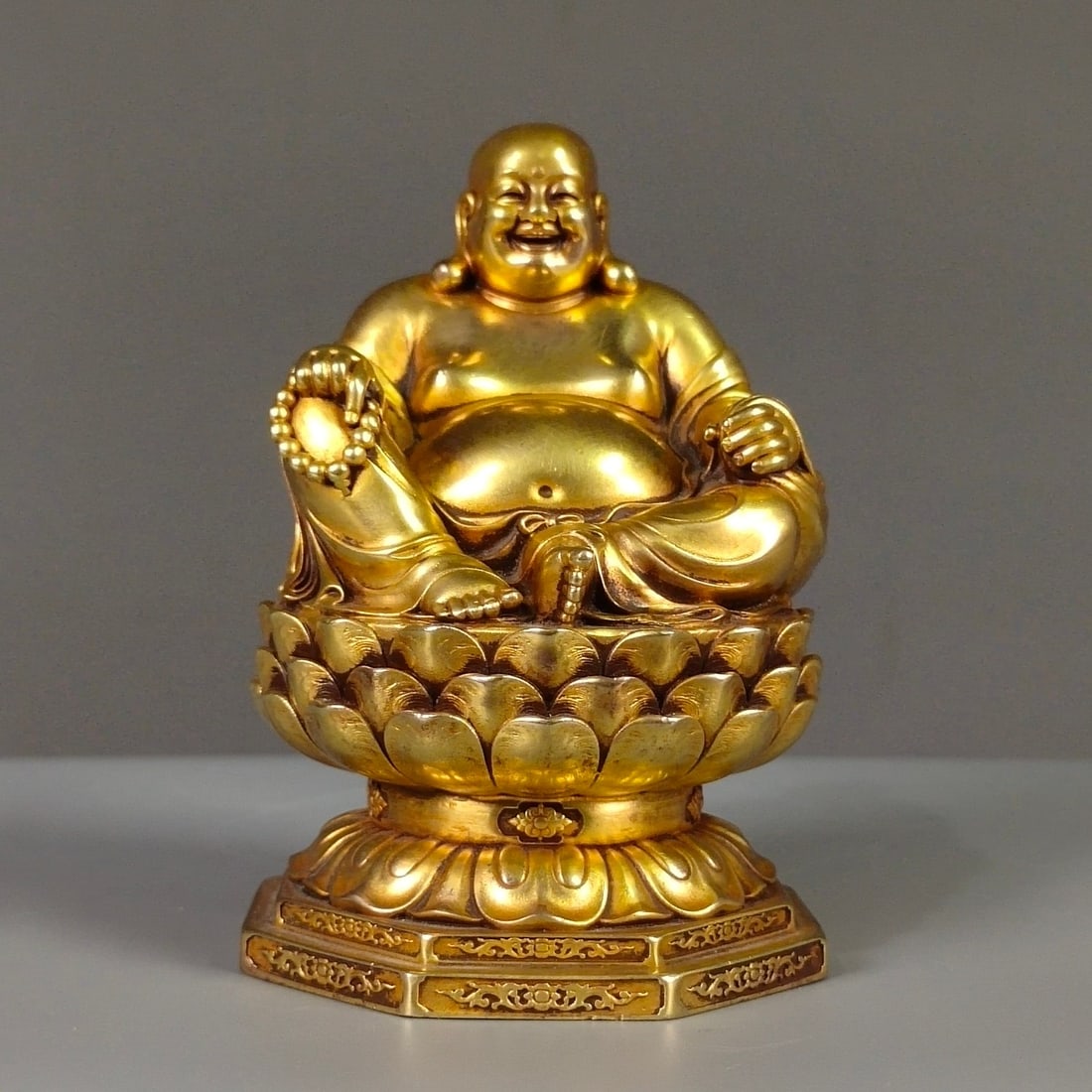 Old Chinese Gilt Gold Copper Laughing Buddha Statue - 8