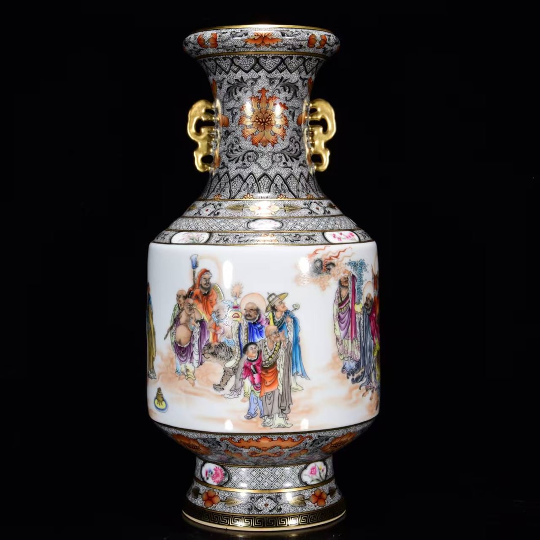 Chinese Gilt Gold Famille Rose Eighteen Arhat Porcelain Vase w Qianlong Mark (1 of 9)