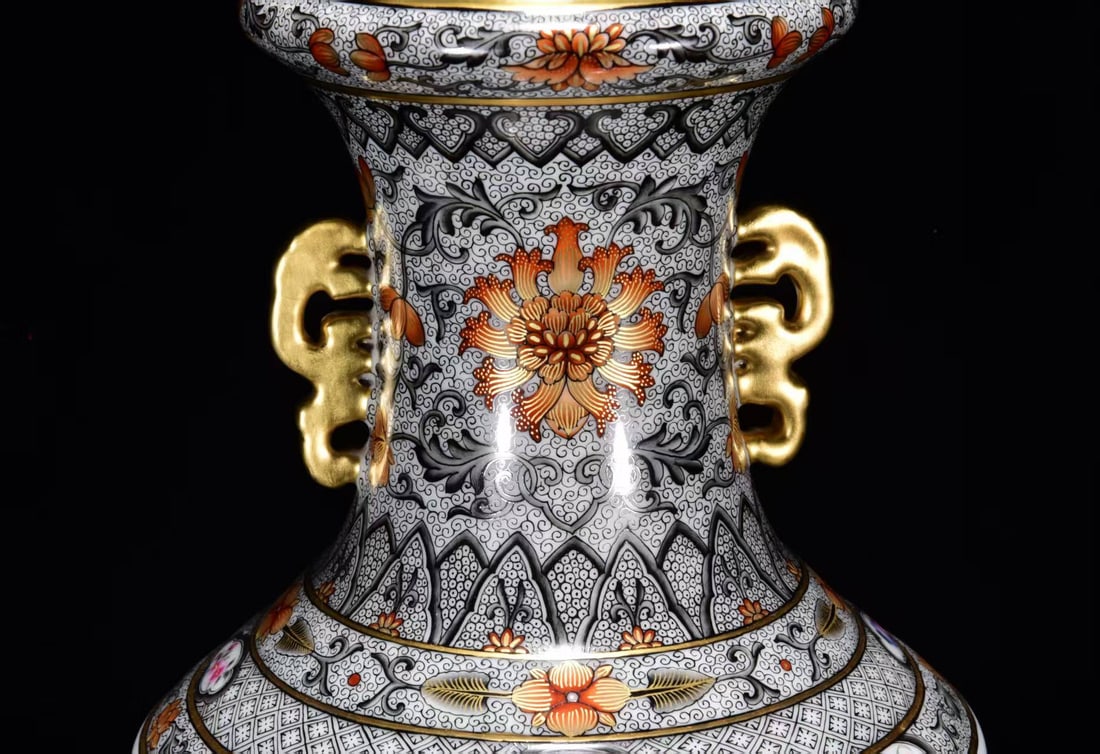 Chinese Gilt Gold Famille Rose Eighteen Arhat Porcelain Vase w Qianlong Mark - 3