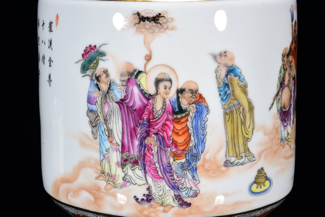 Chinese Gilt Gold Famille Rose Eighteen Arhat Porcelain Vase w Qianlong Mark - 4