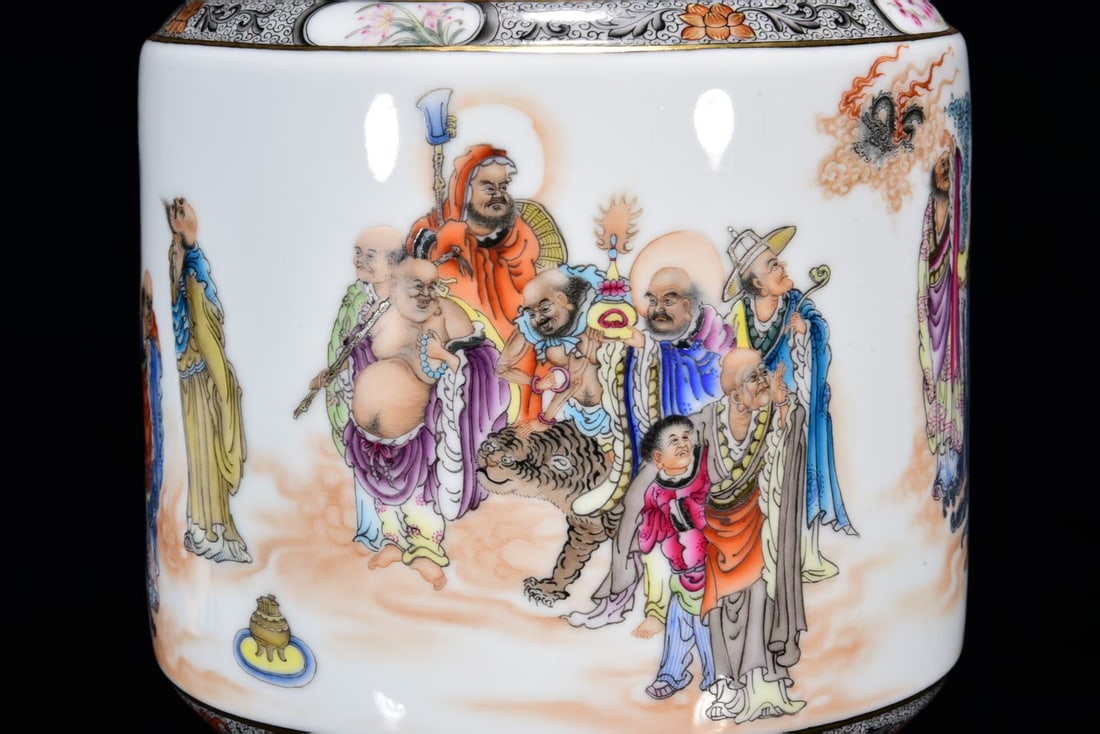 Chinese Gilt Gold Famille Rose Eighteen Arhat Porcelain Vase w Qianlong Mark - 5