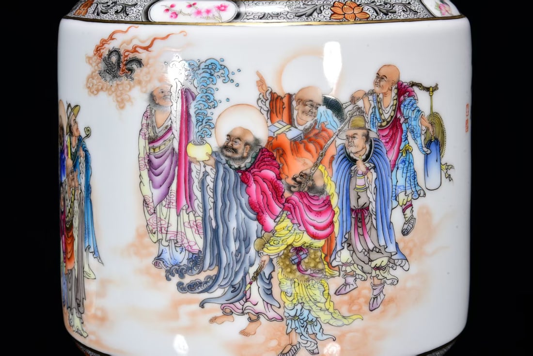 Chinese Gilt Gold Famille Rose Eighteen Arhat Porcelain Vase w Qianlong Mark - 6