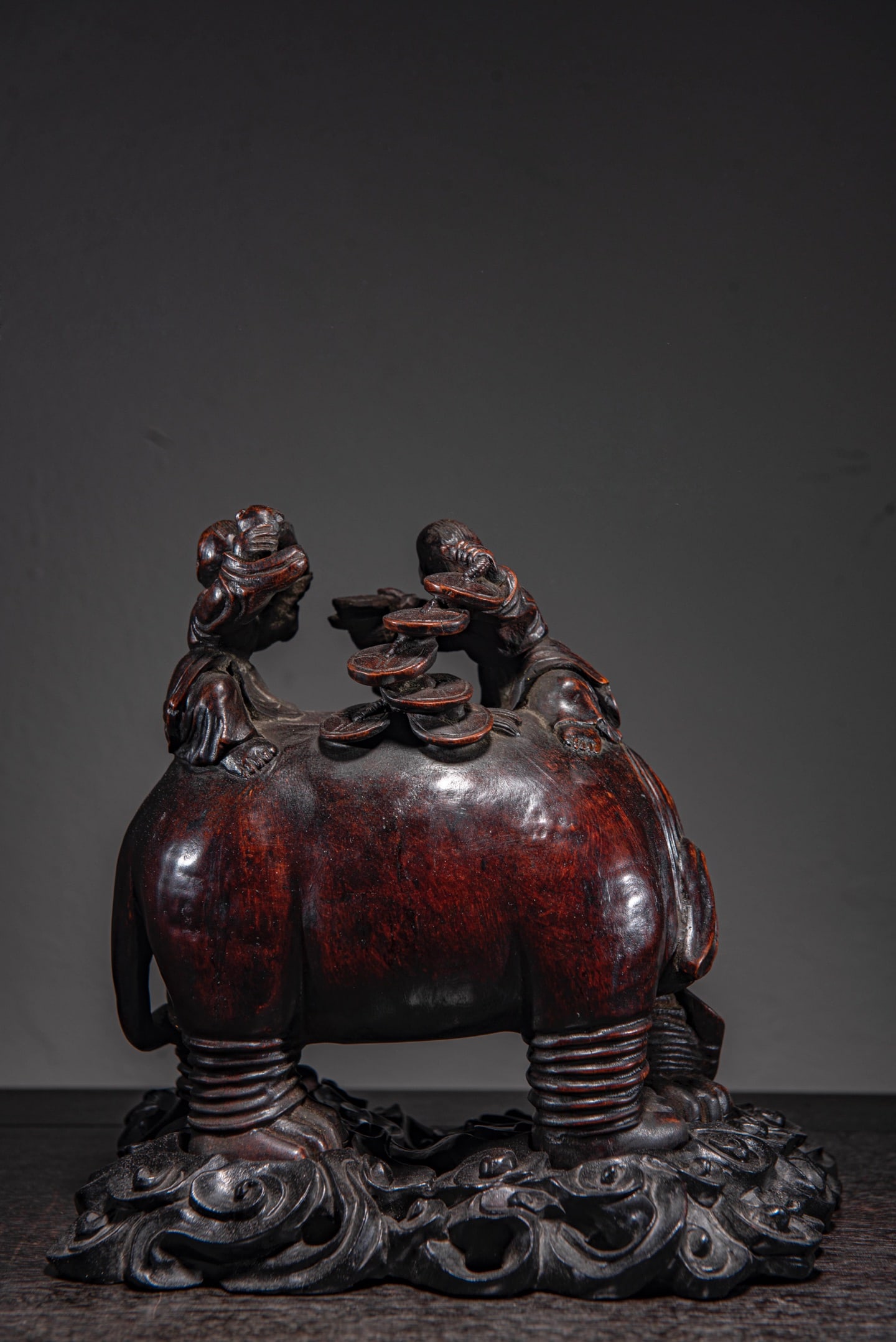 Old Chinese Bamboo Carved Elephant & Kid Statue - 3