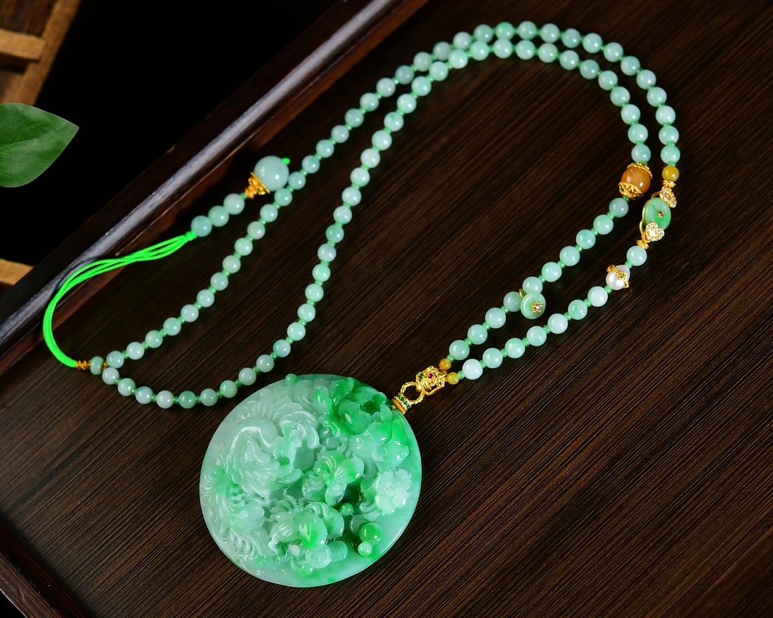 Hand-carved Natural Green Jadeite Phoenix,Butterfly,Flower Pendant with Certificate - 4