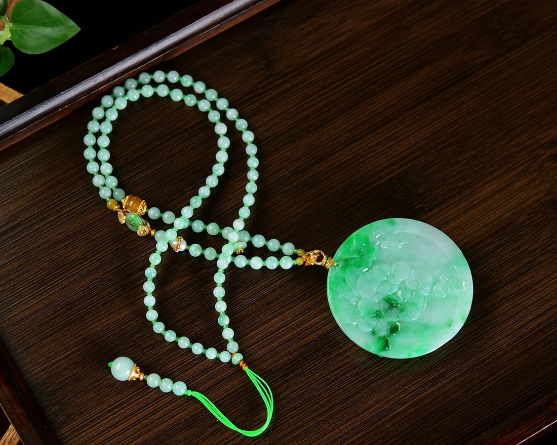 Hand-carved Natural Green Jadeite Phoenix,Butterfly,Flower Pendant with Certificate - 5