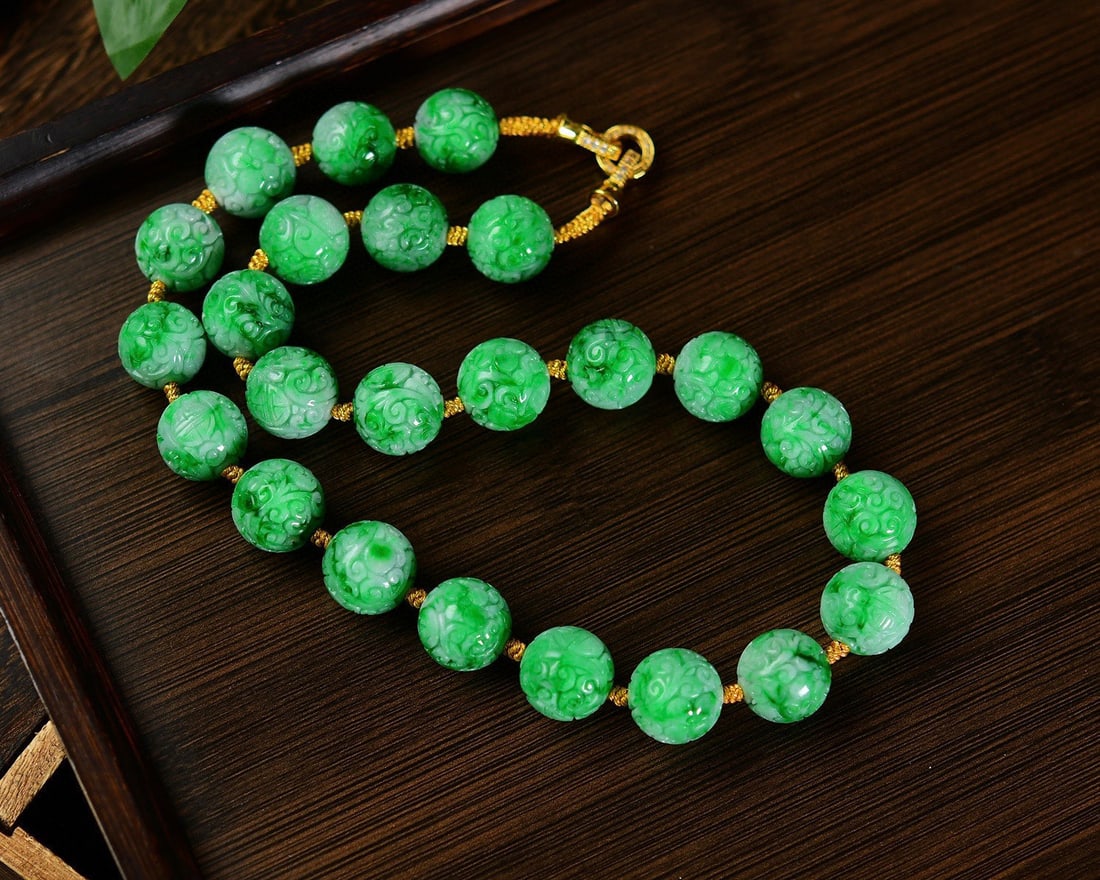 15mm Natural Green Jadeite Beads Necklace with Certificate - 2