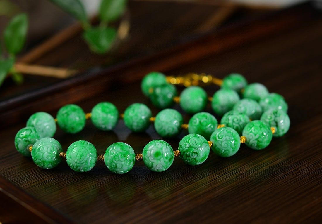 15mm Natural Green Jadeite Beads Necklace with Certificate - 4