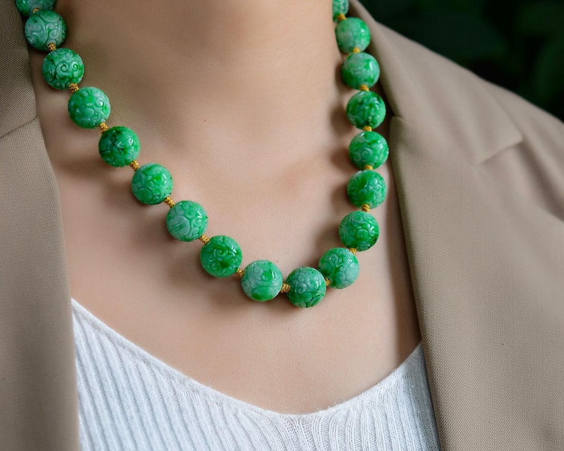15mm Natural Green Jadeite Beads Necklace with Certificate - 5