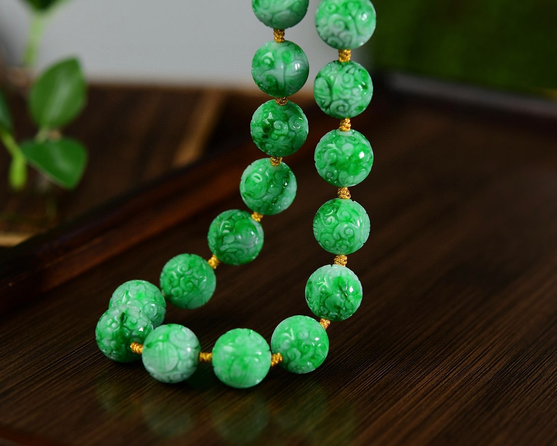 15mm Natural Green Jadeite Beads Necklace with Certificate - 7