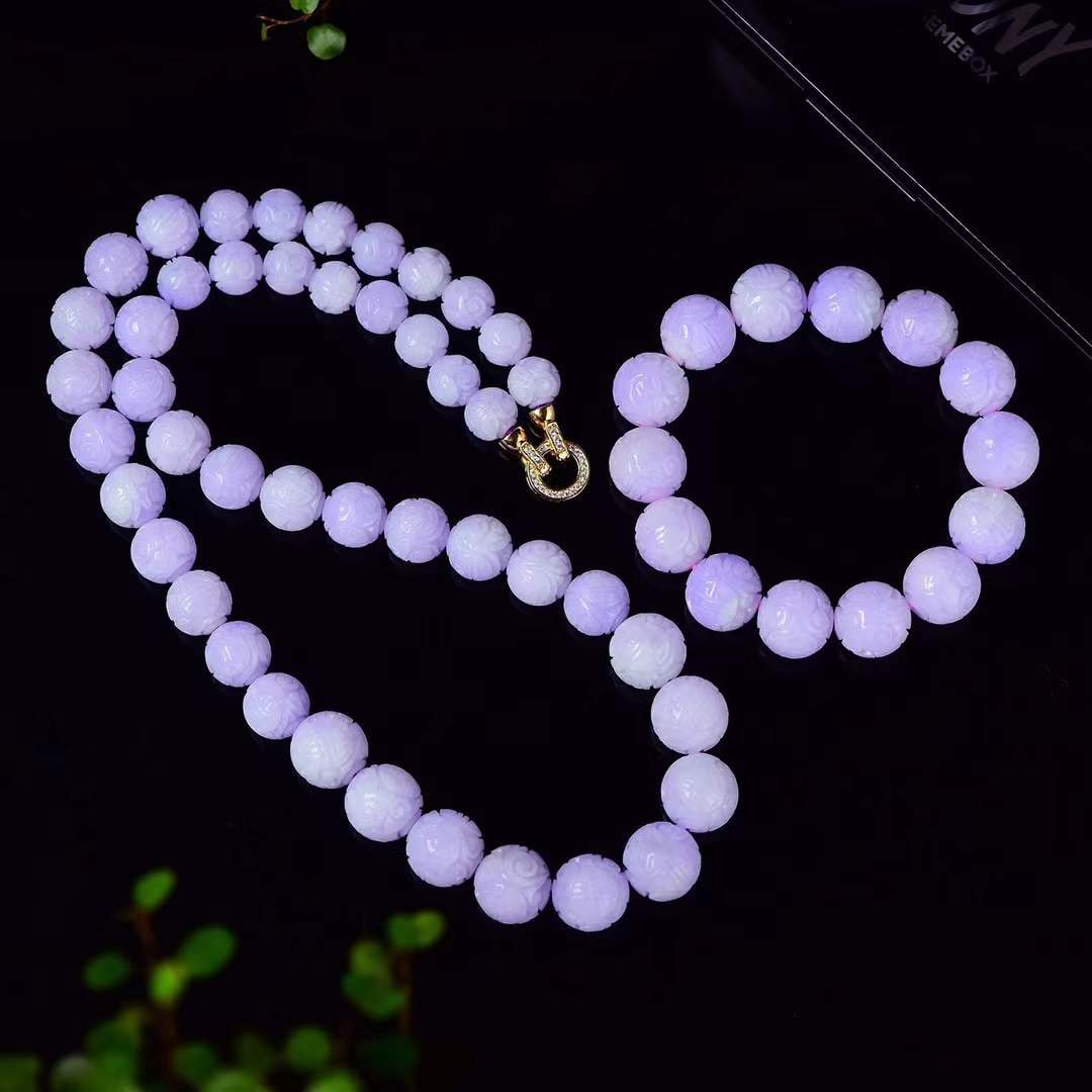 A Set Natural Purple Jadeite Beads Necklace Hand Chain Bracelet (1 of 8)