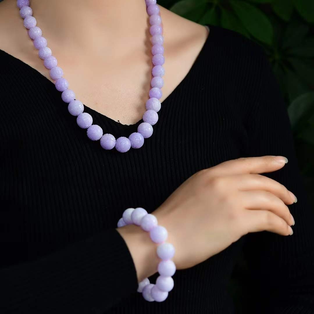 A Set Natural Purple Jadeite Beads Necklace Hand Chain Bracelet - 4