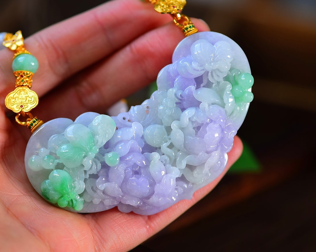 Hand-Carved Purple Green Jadeite Flower & Butterfly Pendant with Certificate - 2