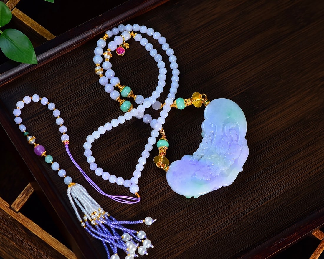 Hand-Carved Purple Green Jadeite Flower & Butterfly Pendant with Certificate - 5