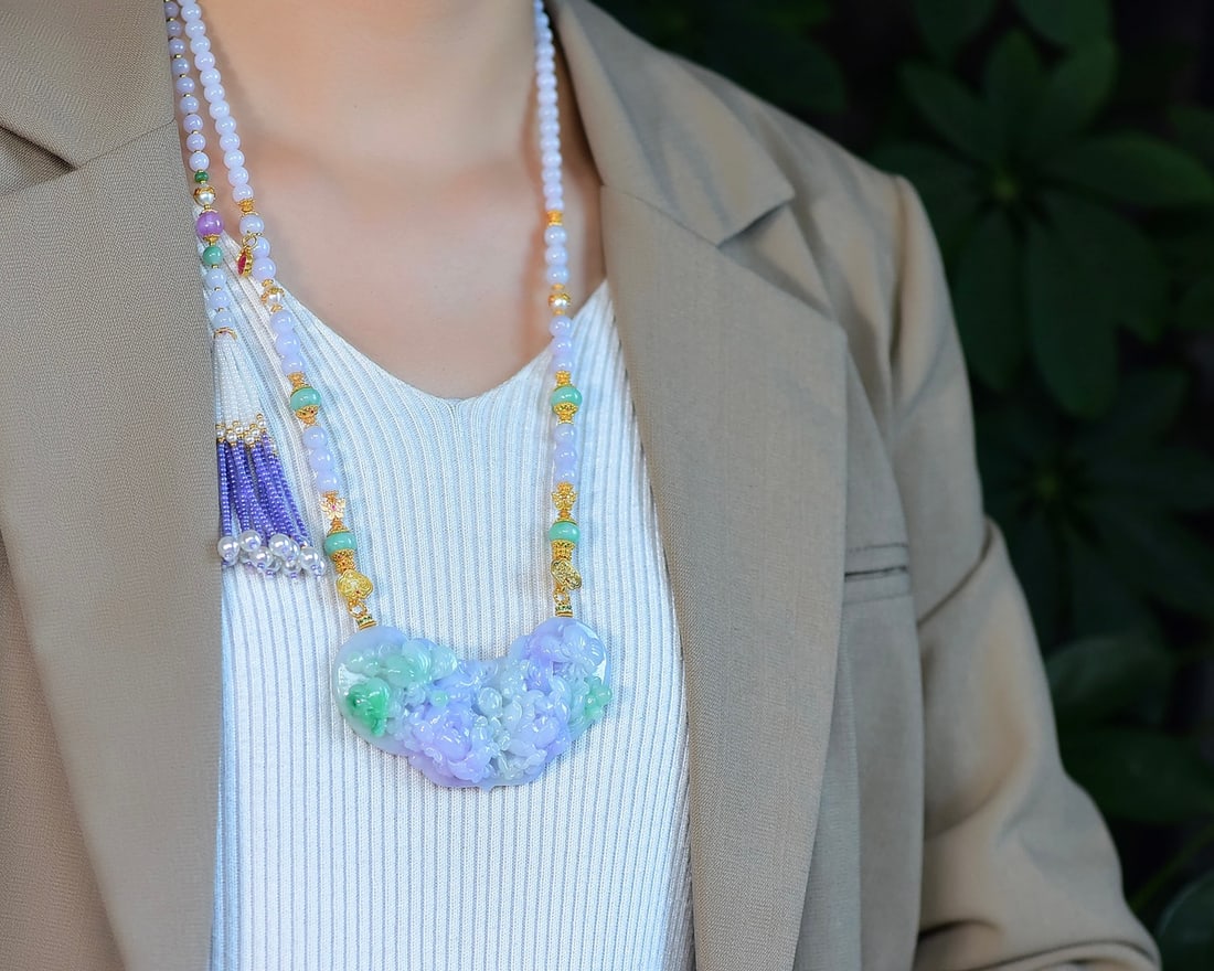 Hand-Carved Purple Green Jadeite Flower & Butterfly Pendant with Certificate - 6
