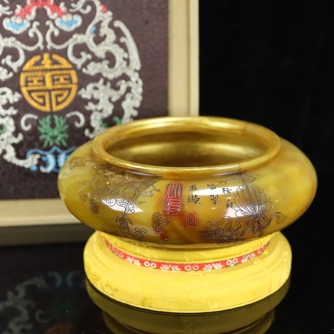 Old Chinese Shoushan Stone Brush Washer Statue w Box - 10