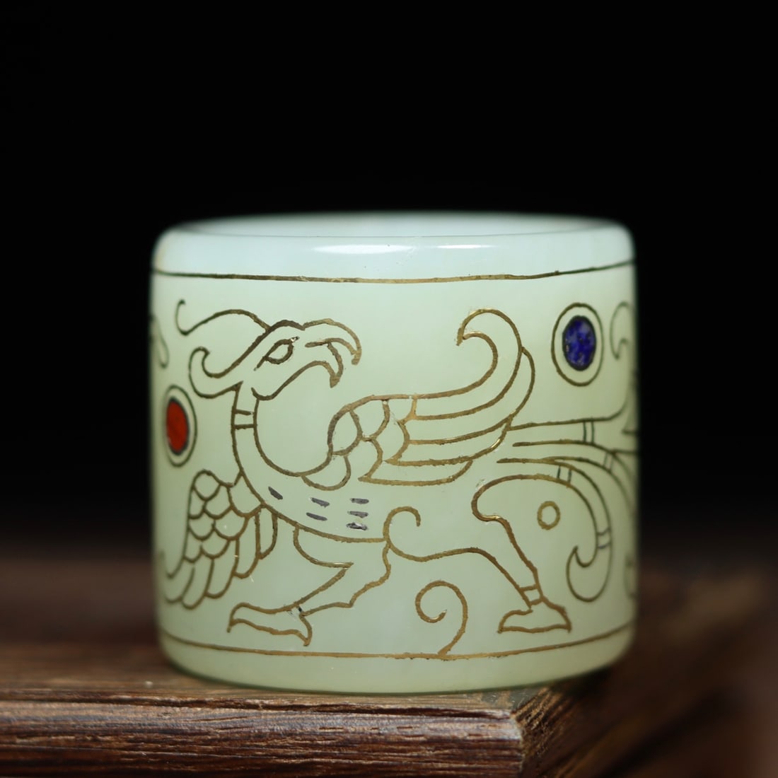 Inside Diameter 22mm Chinese Hetian Jade Inlay Silver Wire & Gem Thumb Ring (1 of 6)