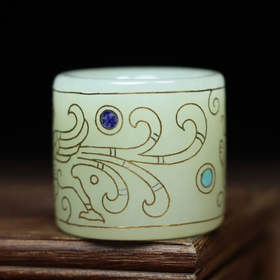 Inside Diameter 22mm Chinese Hetian Jade Inlay Silver Wire & Gem Thumb Ring - 2