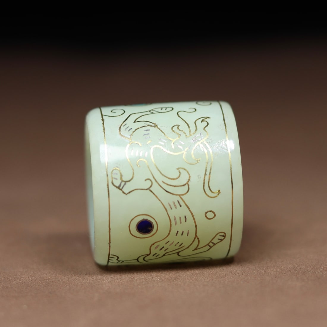 Inside Diameter 22mm Chinese Hetian Jade Inlay Silver Wire & Gem Thumb Ring - 4