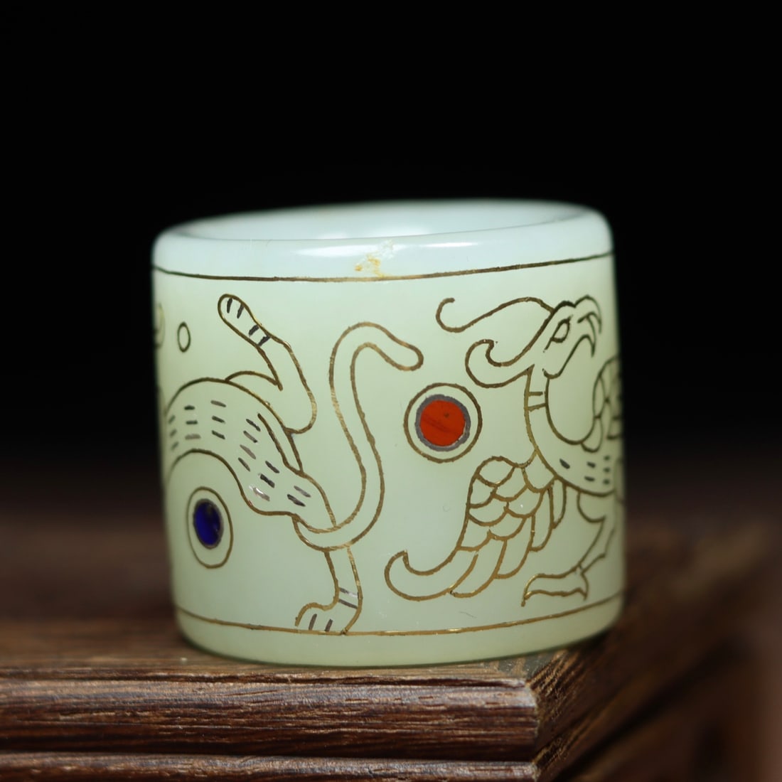 Inside Diameter 22mm Chinese Hetian Jade Inlay Silver Wire & Gem Thumb Ring - 6