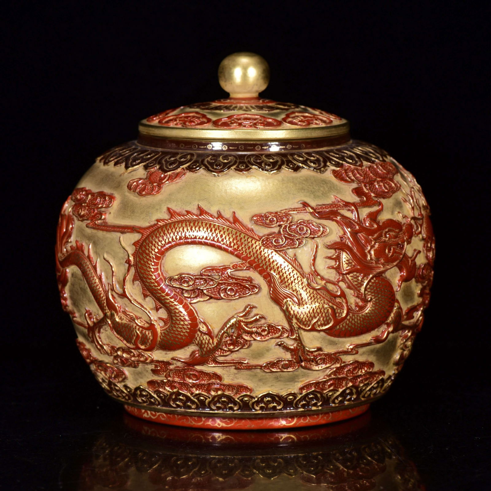 Old Chinese Gilt Gold Iron Red Glaze Dragon Design Porcelain Pot - 3