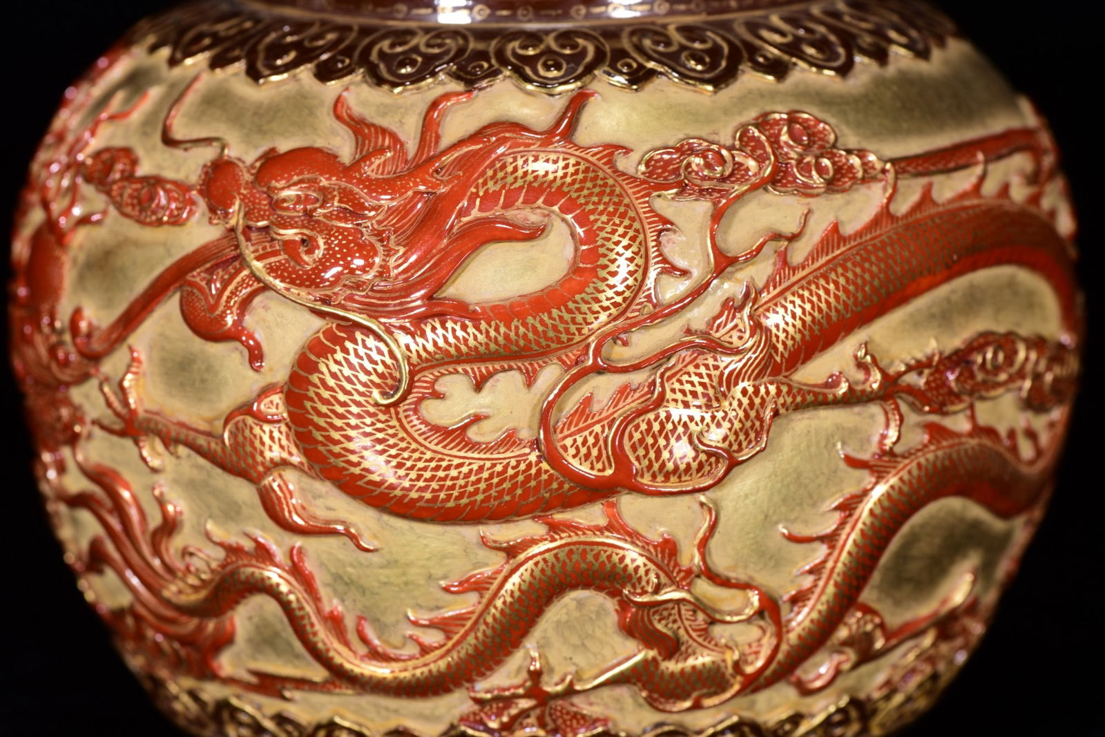 Old Chinese Gilt Gold Iron Red Glaze Dragon Design Porcelain Pot - 6