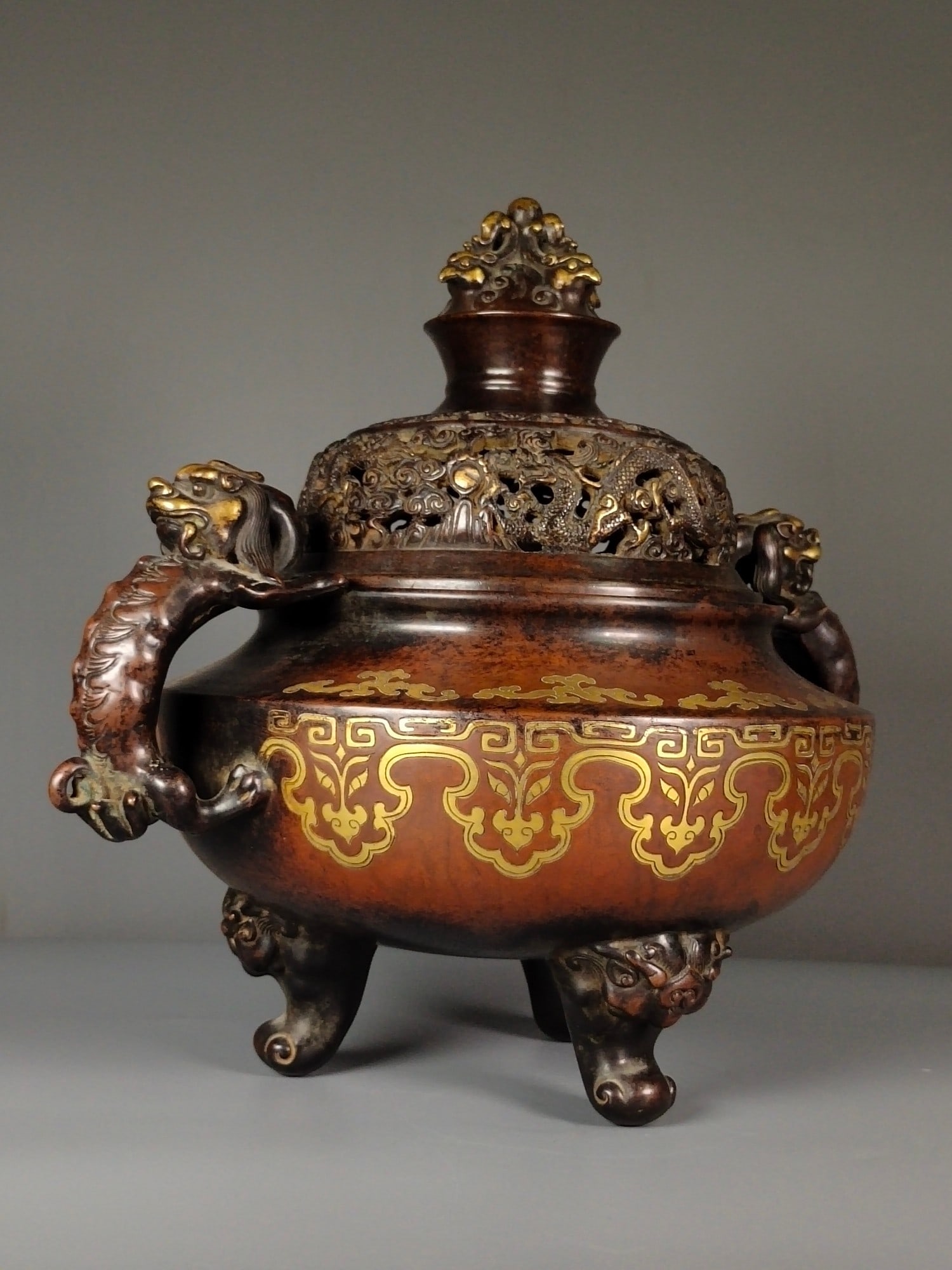 Vintage Chinese Gilt Gold Copper Dragon Incense Burner - 3