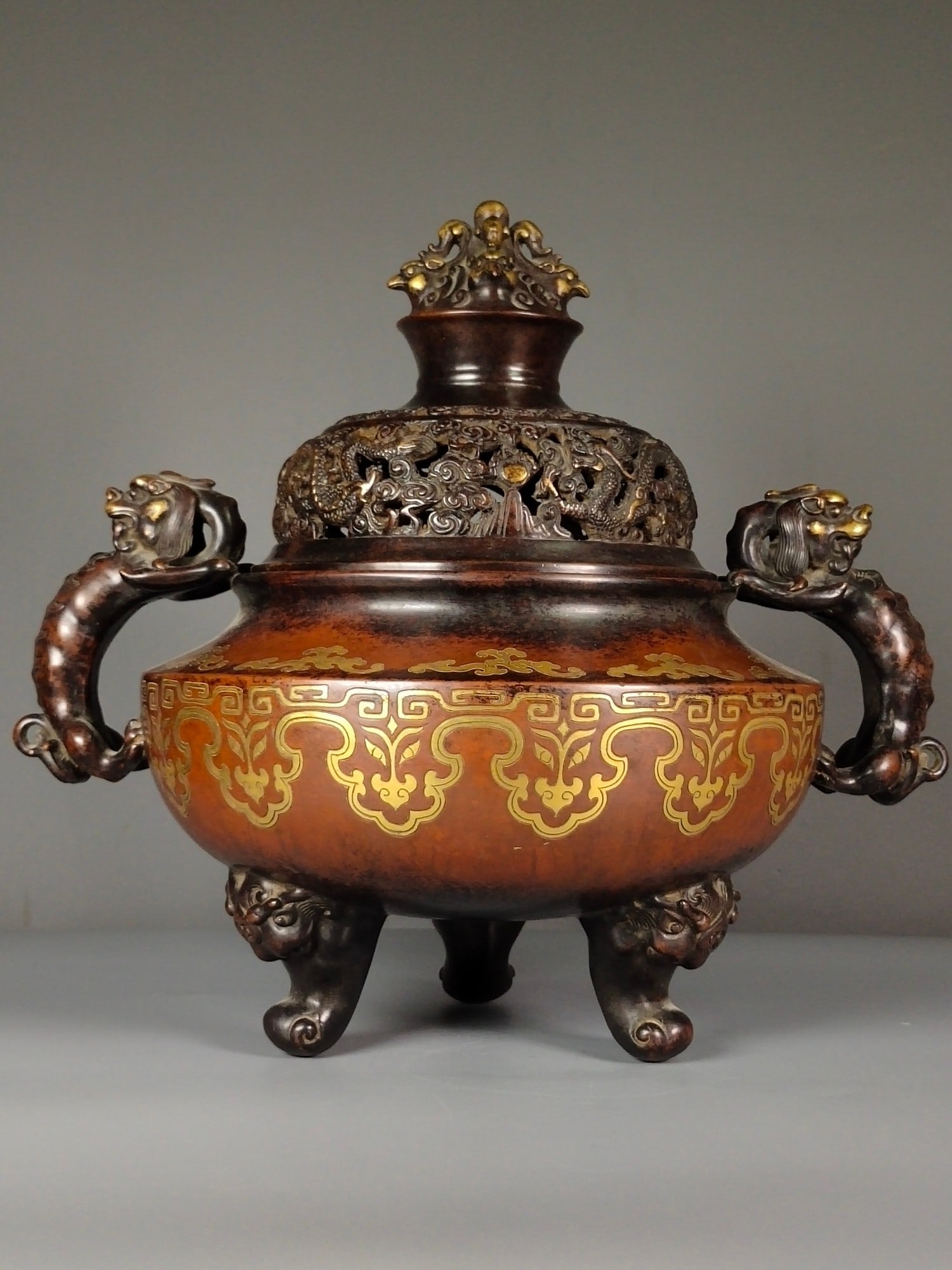 Vintage Chinese Gilt Gold Copper Dragon Incense Burner - 5