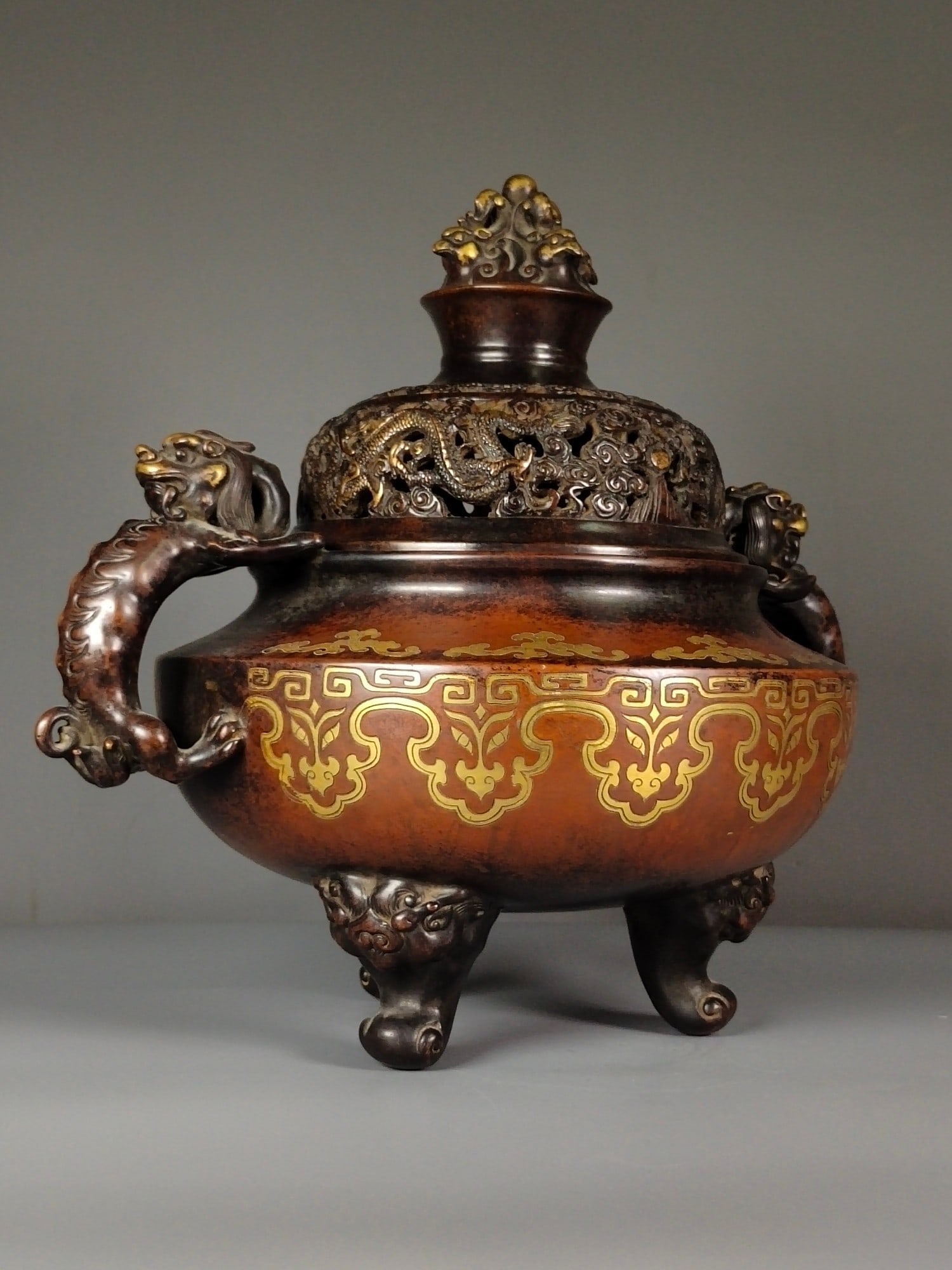 Vintage Chinese Gilt Gold Copper Dragon Incense Burner - 6