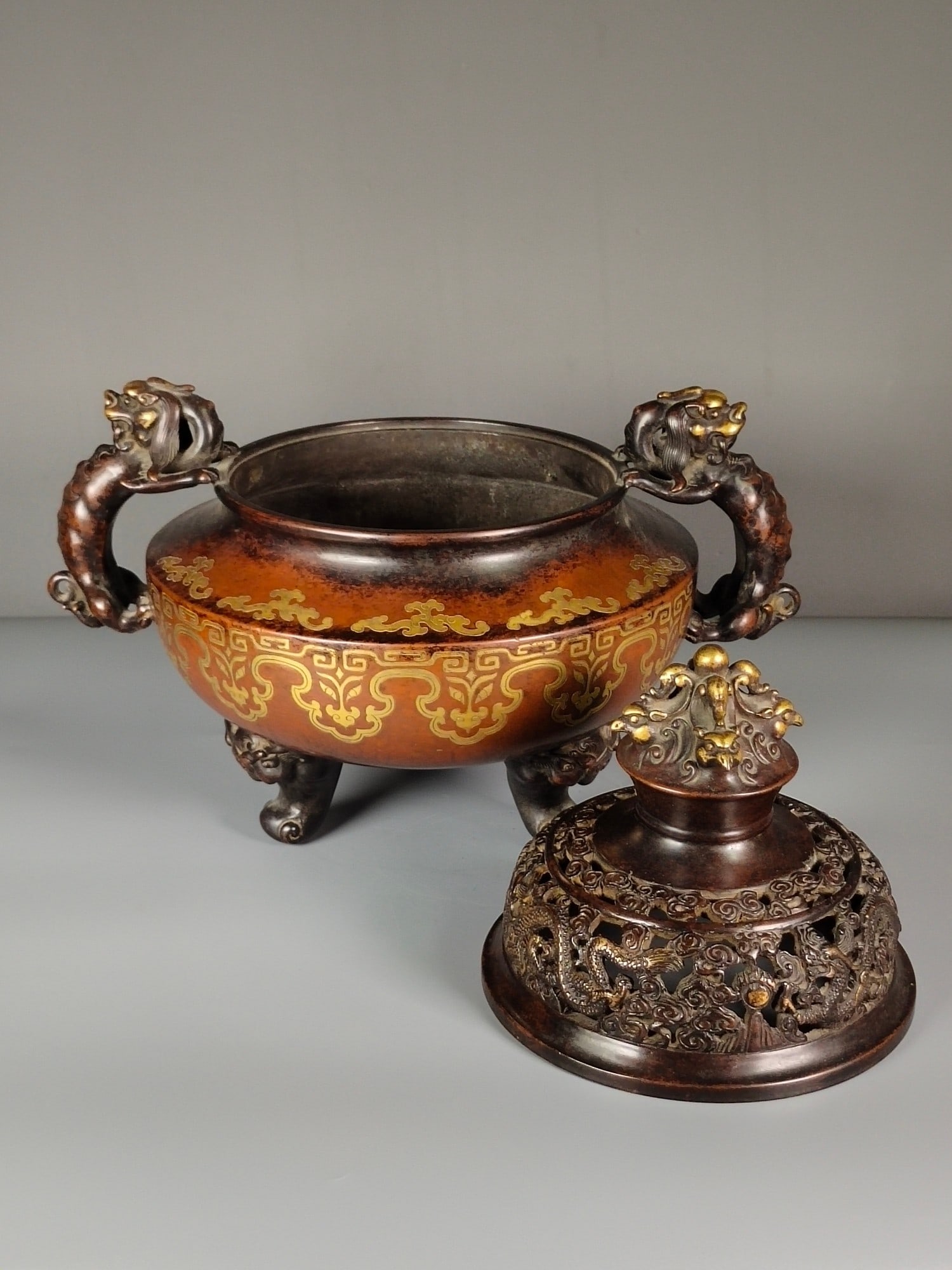 Vintage Chinese Gilt Gold Copper Dragon Incense Burner - 7