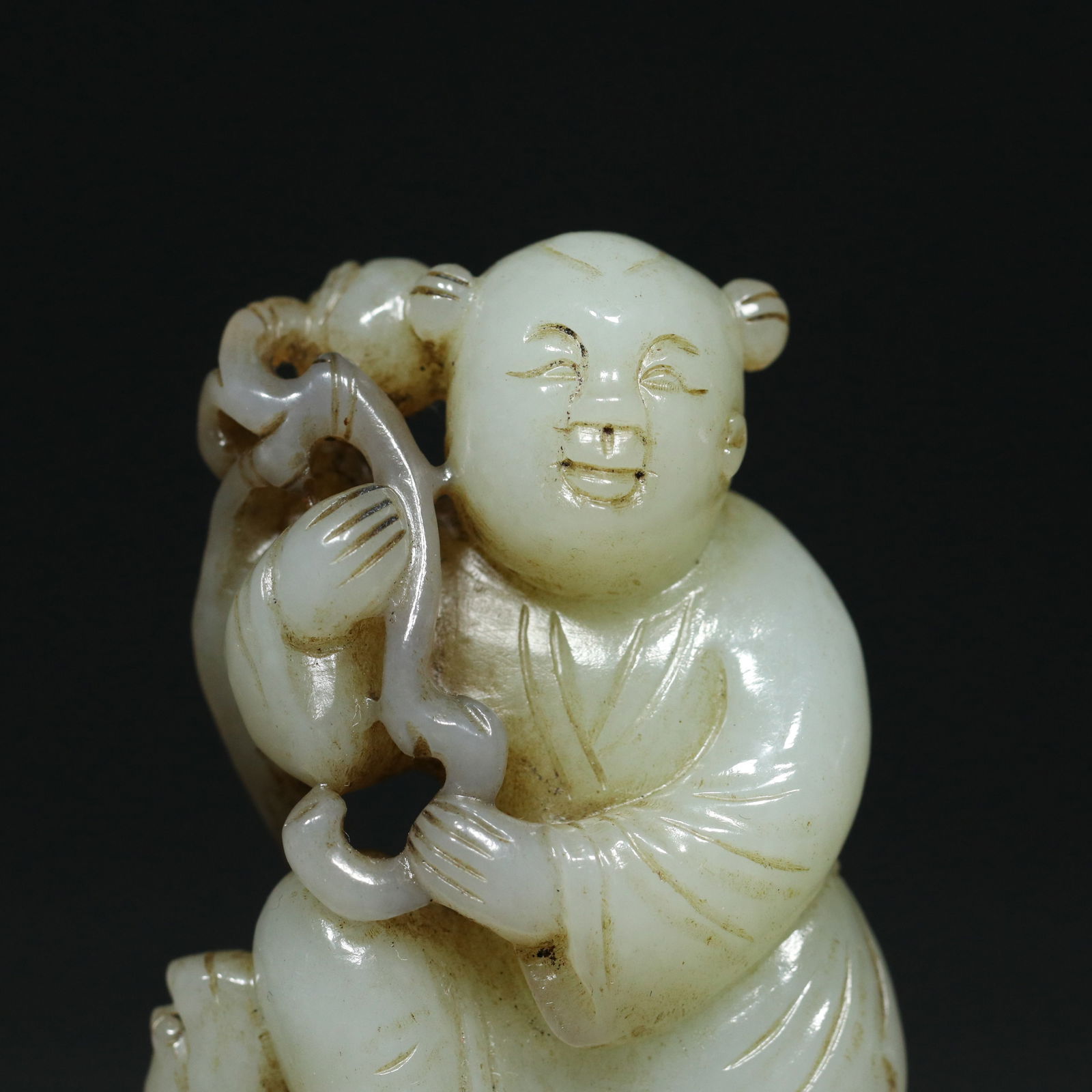Old Chinese Hetian Jade Kid Pendant Statue - 4