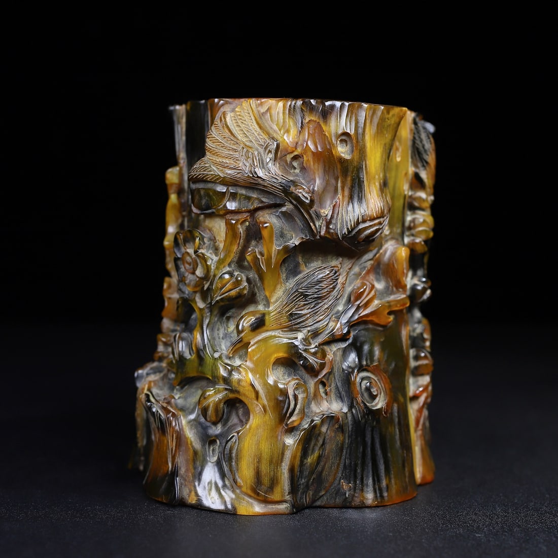 Hand Carved Ox Horn Magpie plum blossom Brush Pot - 3