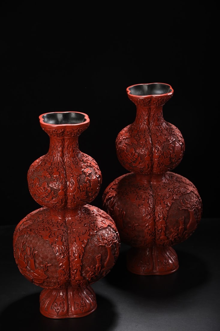 A Pair Chinese Red Lacquerware Vase - 6