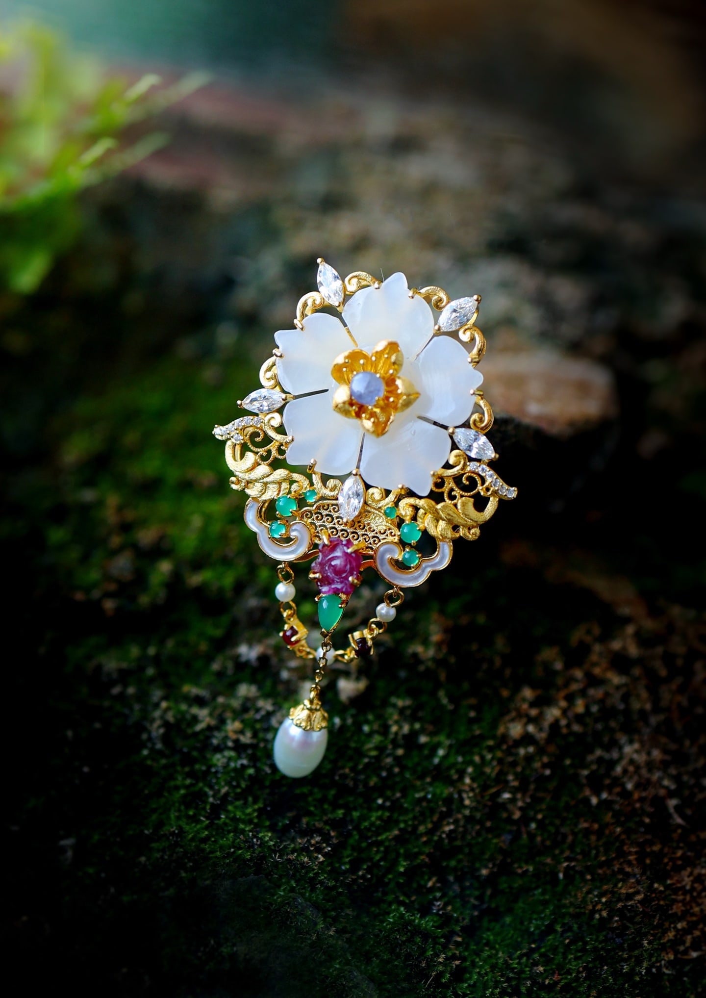 Beautiful Chinese Silver Inlay Hetian Jade,Pearl,tourmaline Brooch Pendant (1 of 8)