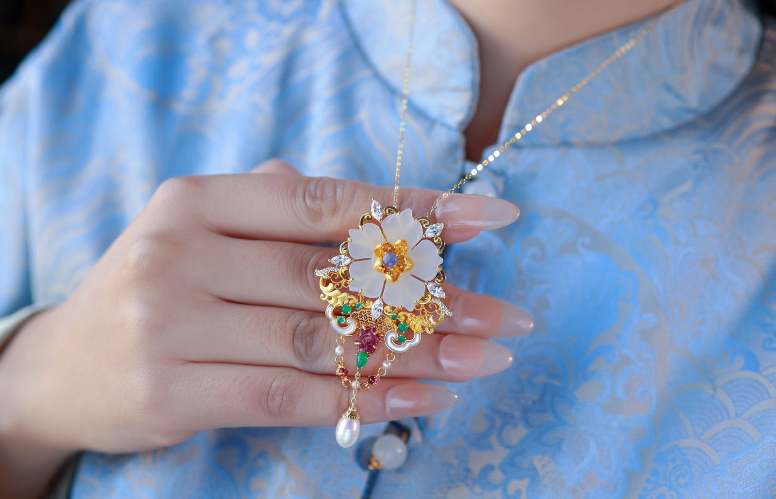 Beautiful Chinese Silver Inlay Hetian Jade,Pearl,tourmaline Brooch Pendant - 2