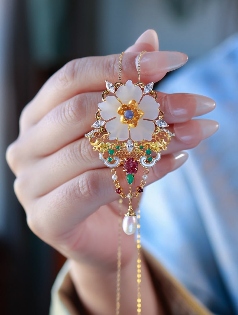 Beautiful Chinese Silver Inlay Hetian Jade,Pearl,tourmaline Brooch Pendant - 3