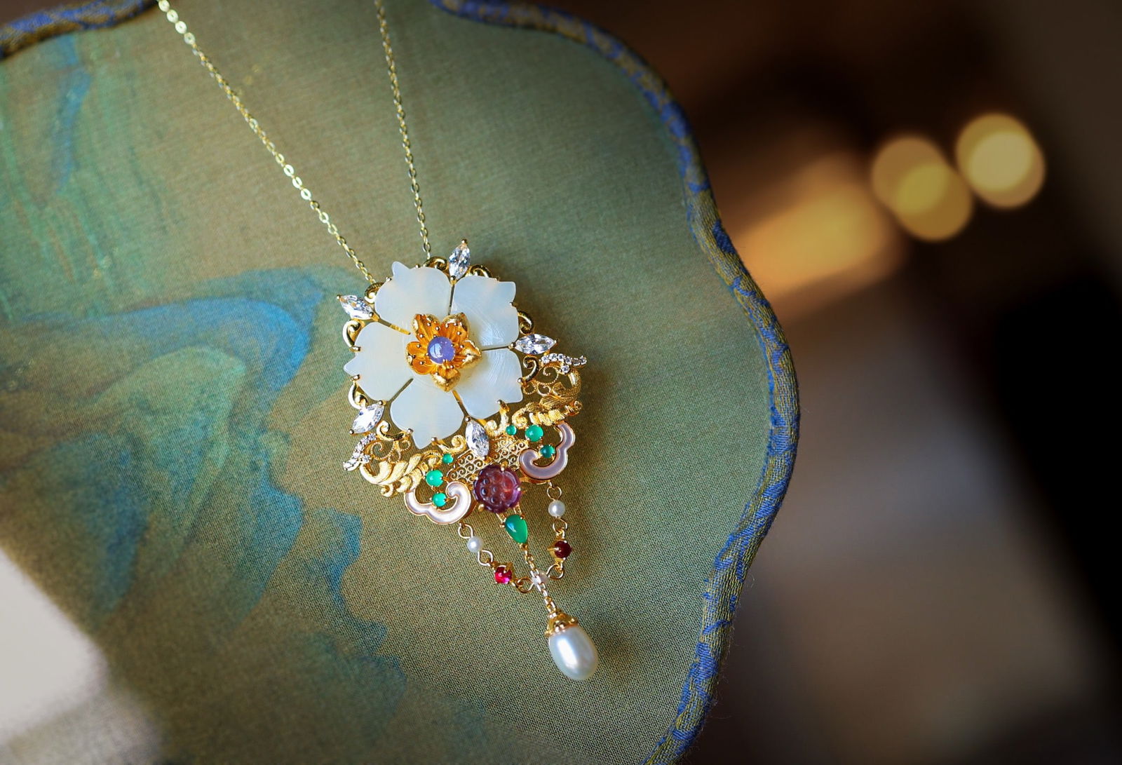 Beautiful Chinese Silver Inlay Hetian Jade,Pearl,tourmaline Brooch Pendant - 5