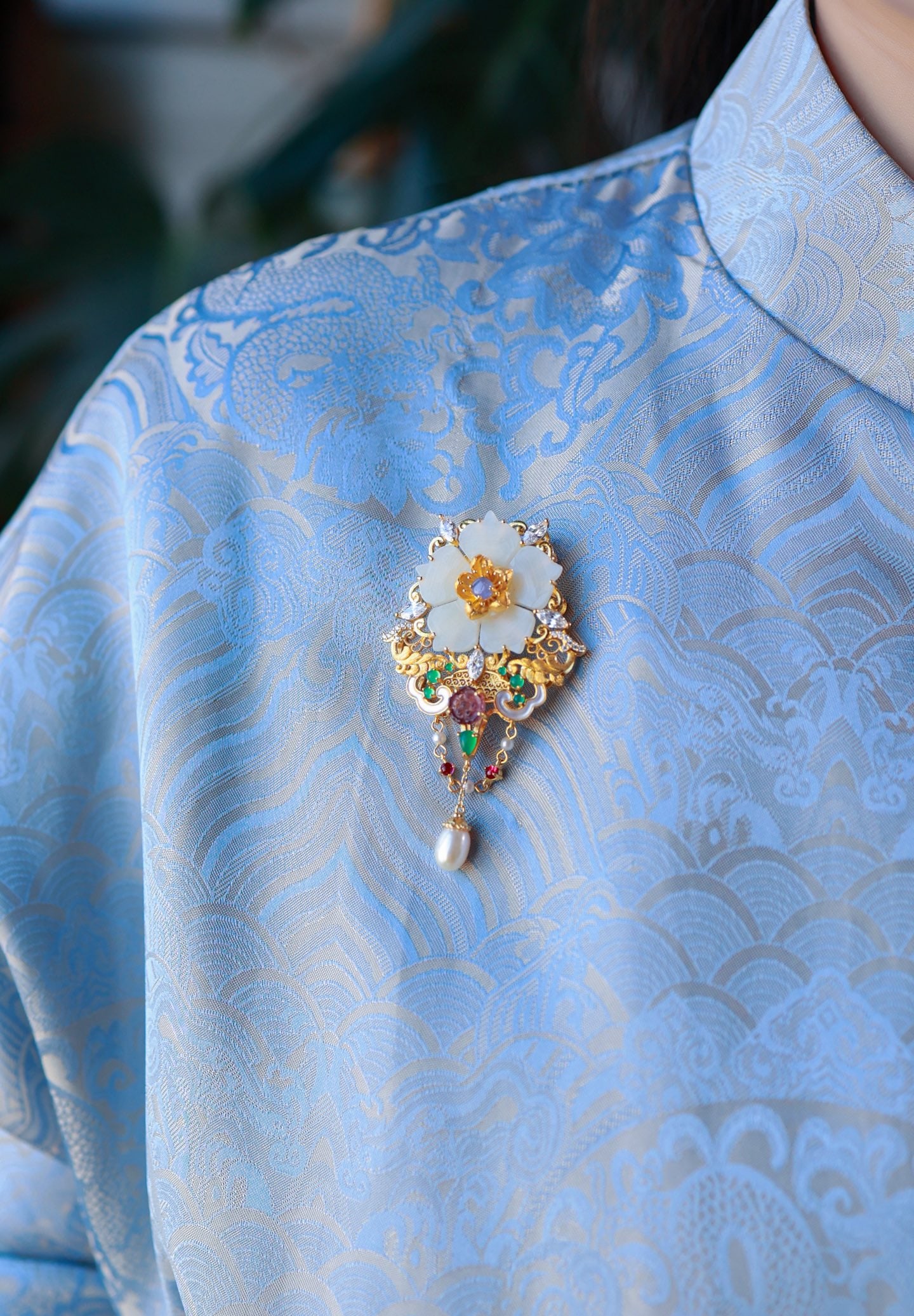 Beautiful Chinese Silver Inlay Hetian Jade,Pearl,tourmaline Brooch Pendant - 6