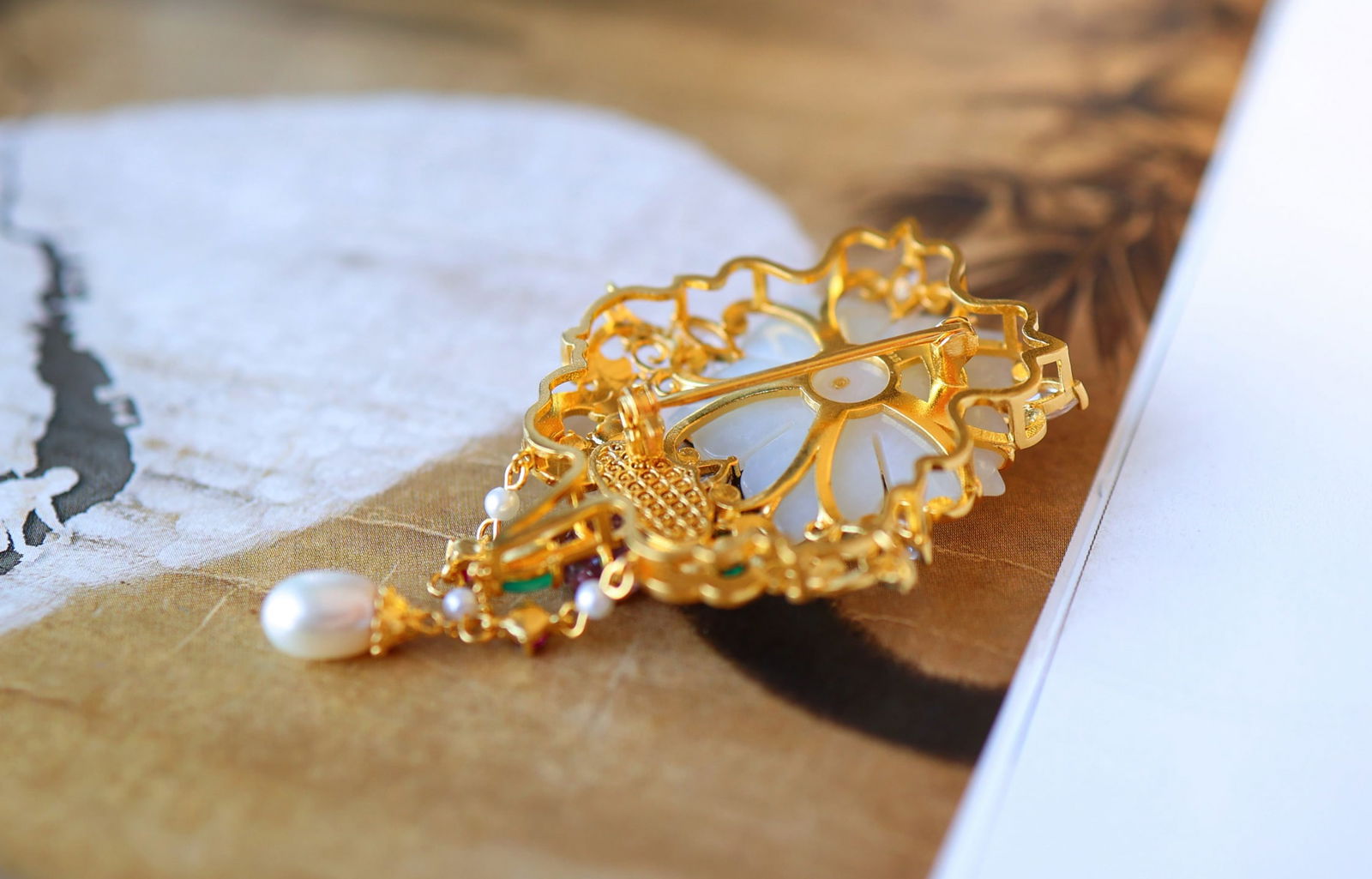 Beautiful Chinese Silver Inlay Hetian Jade,Pearl,tourmaline Brooch Pendant - 7