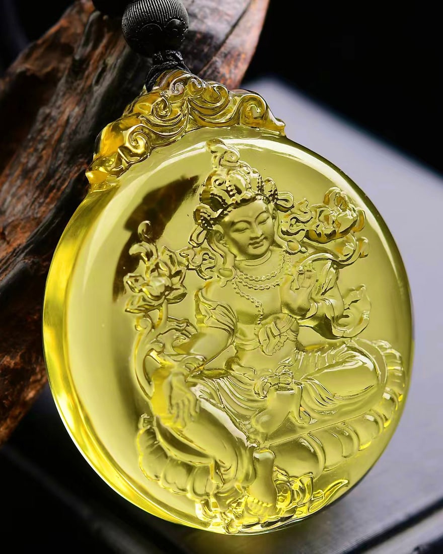 Natural Yellow Crystal Kwan-yin Pendant with Certificate - 3