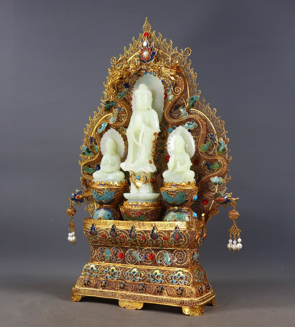 Excellent Chinese Gold Wires Enamel Inlay Hetian Jade Buddha Statue - 2
