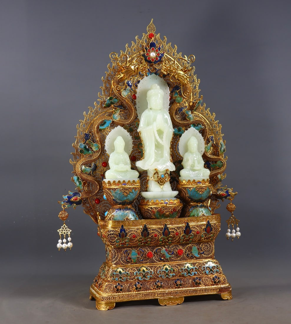 Excellent Chinese Gold Wires Enamel Inlay Hetian Jade Buddha Statue - 3