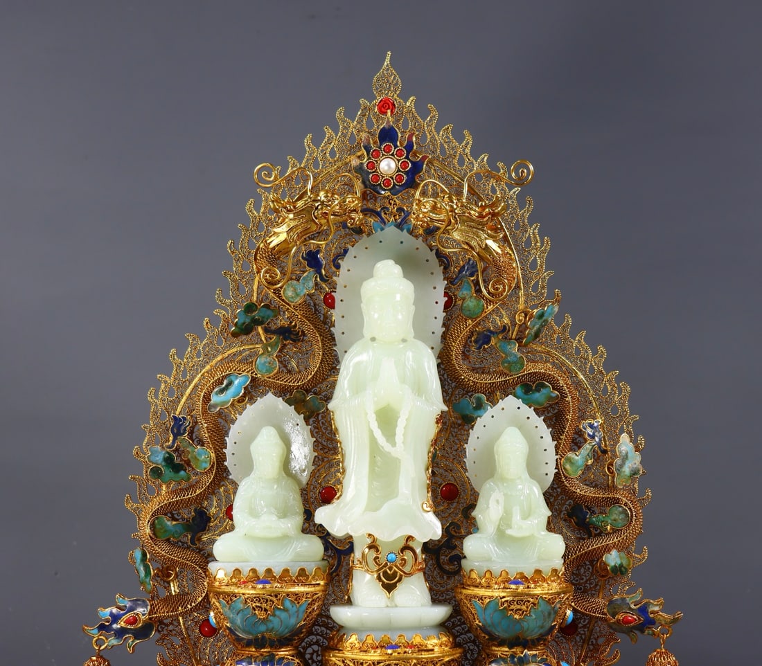 Excellent Chinese Gold Wires Enamel Inlay Hetian Jade Buddha Statue - 4