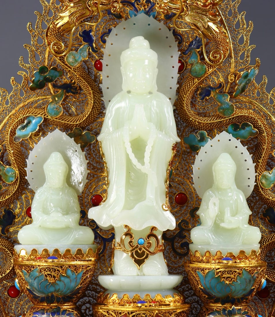 Excellent Chinese Gold Wires Enamel Inlay Hetian Jade Buddha Statue - 5