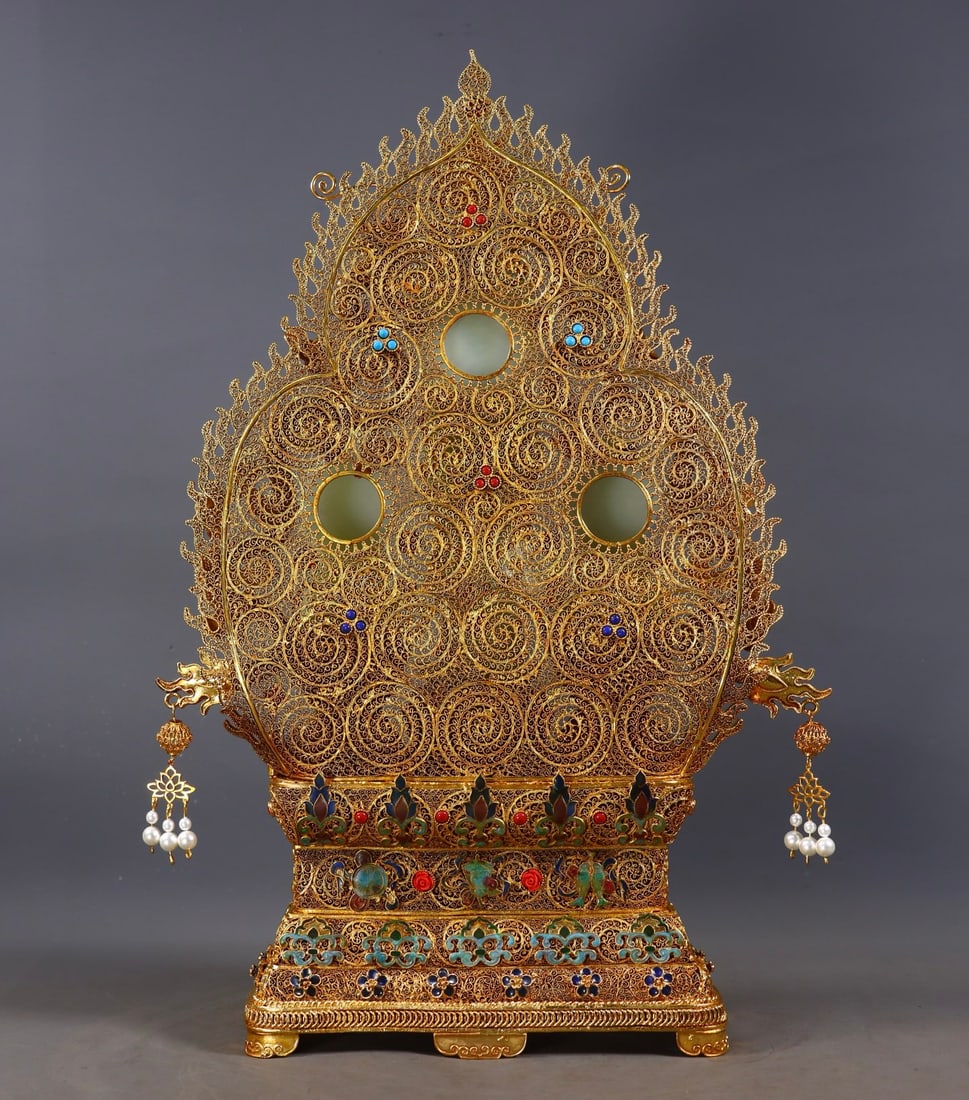 Excellent Chinese Gold Wires Enamel Inlay Hetian Jade Buddha Statue - 8