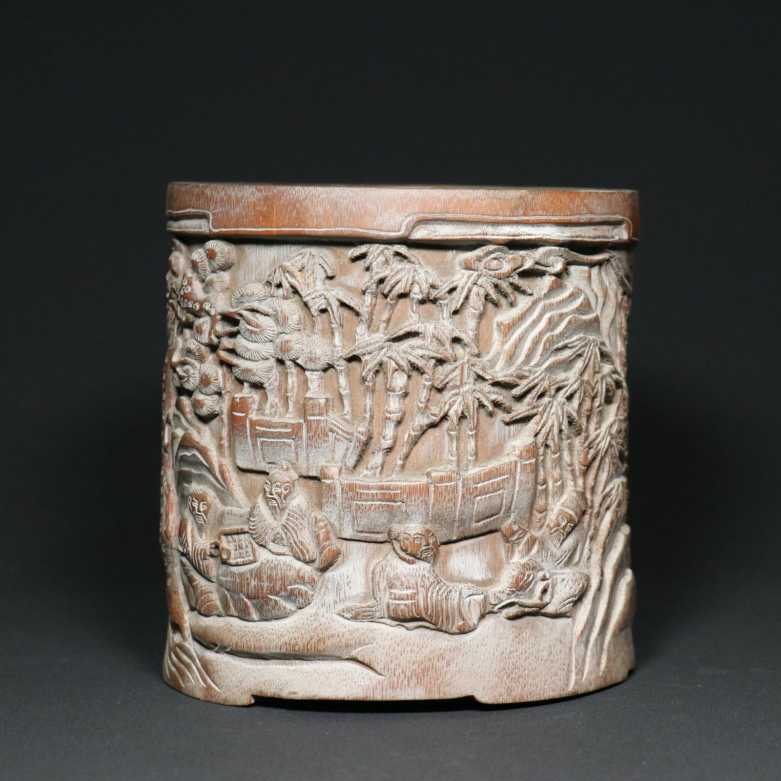 Old Chinese Bamboo Carved Sages Brush Pot - 3