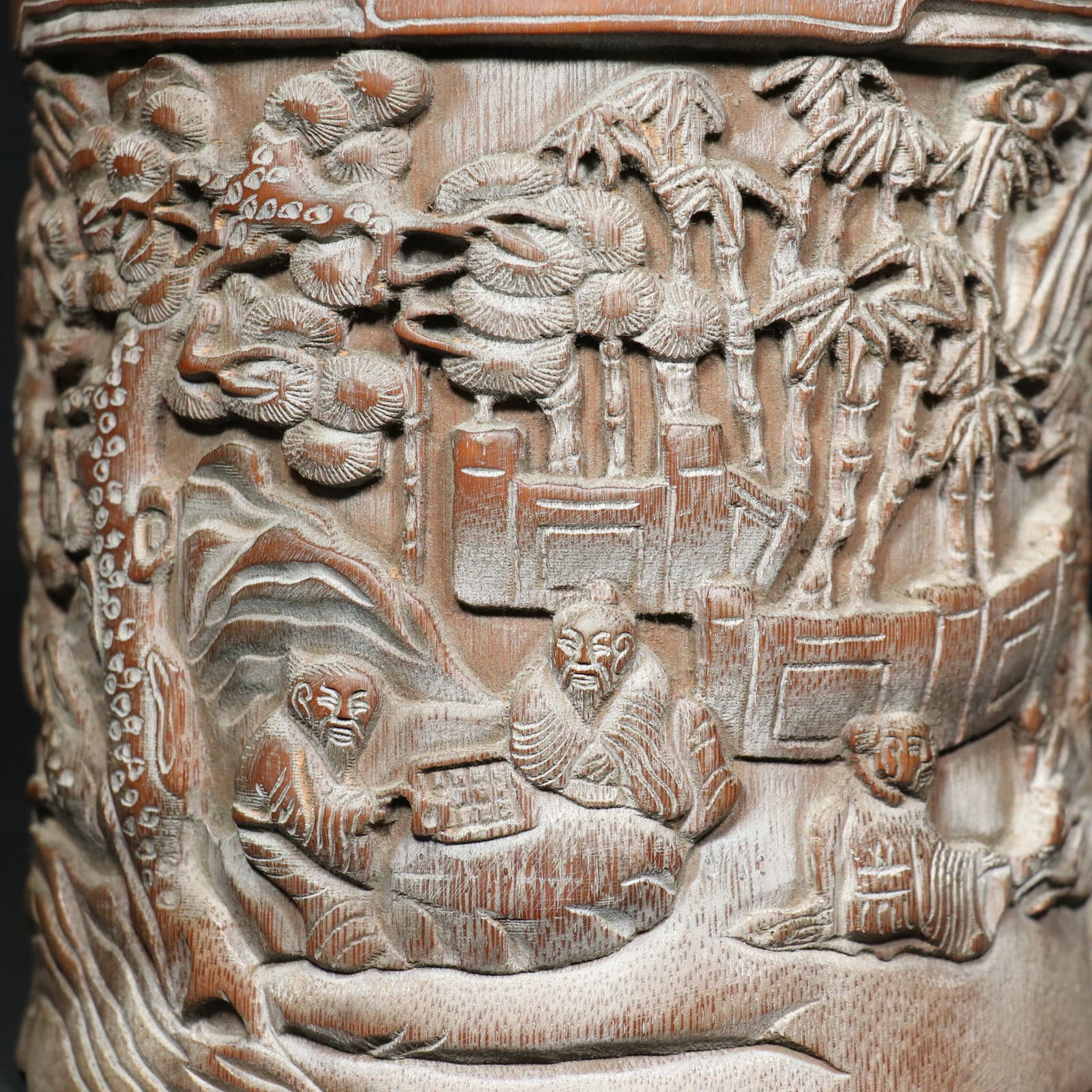 Old Chinese Bamboo Carved Sages Brush Pot - 7